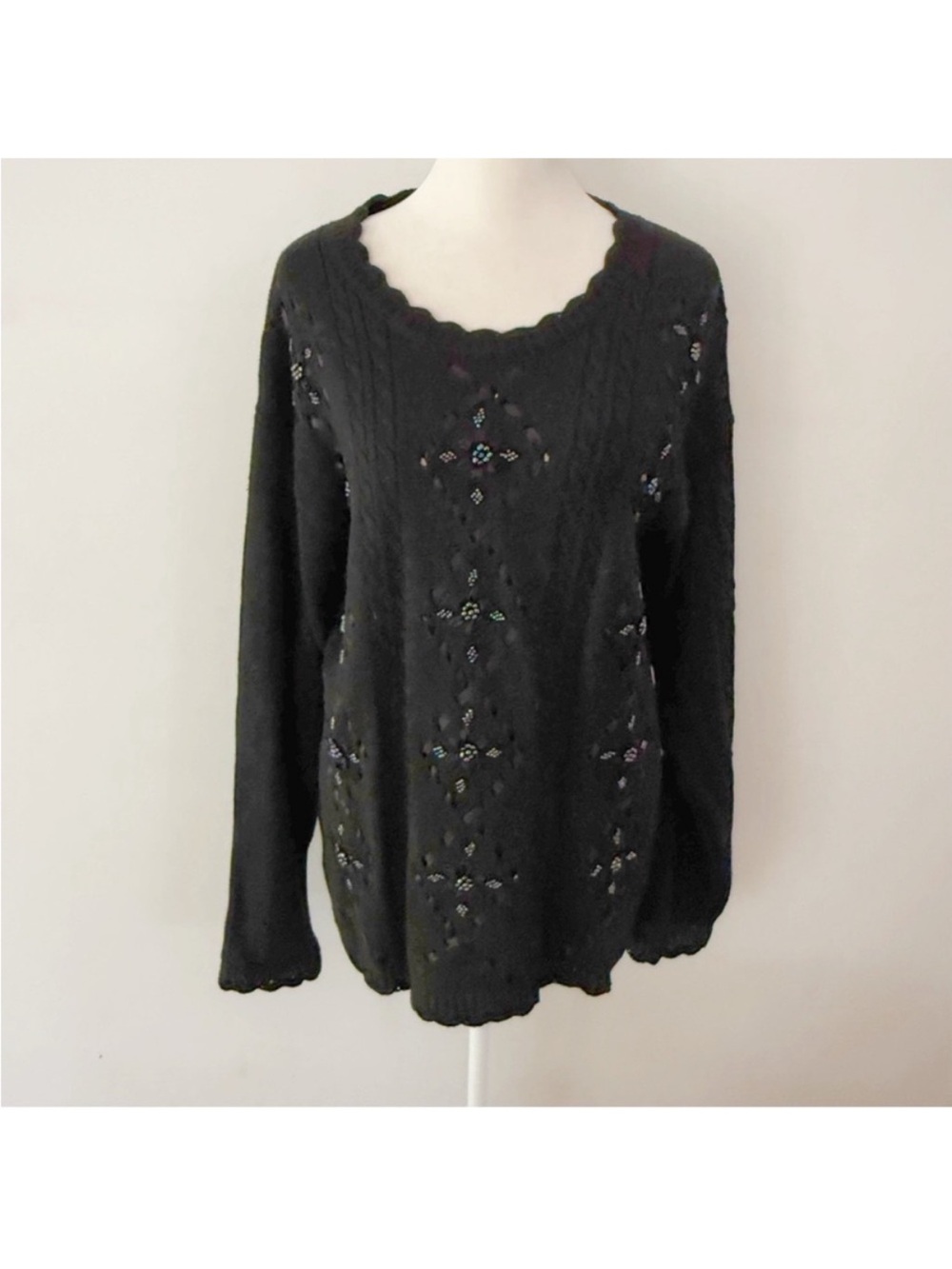 Vtg Women Beaded Ribbon Oversized Sweater Small Whimsigoth Granny Dark Cottage